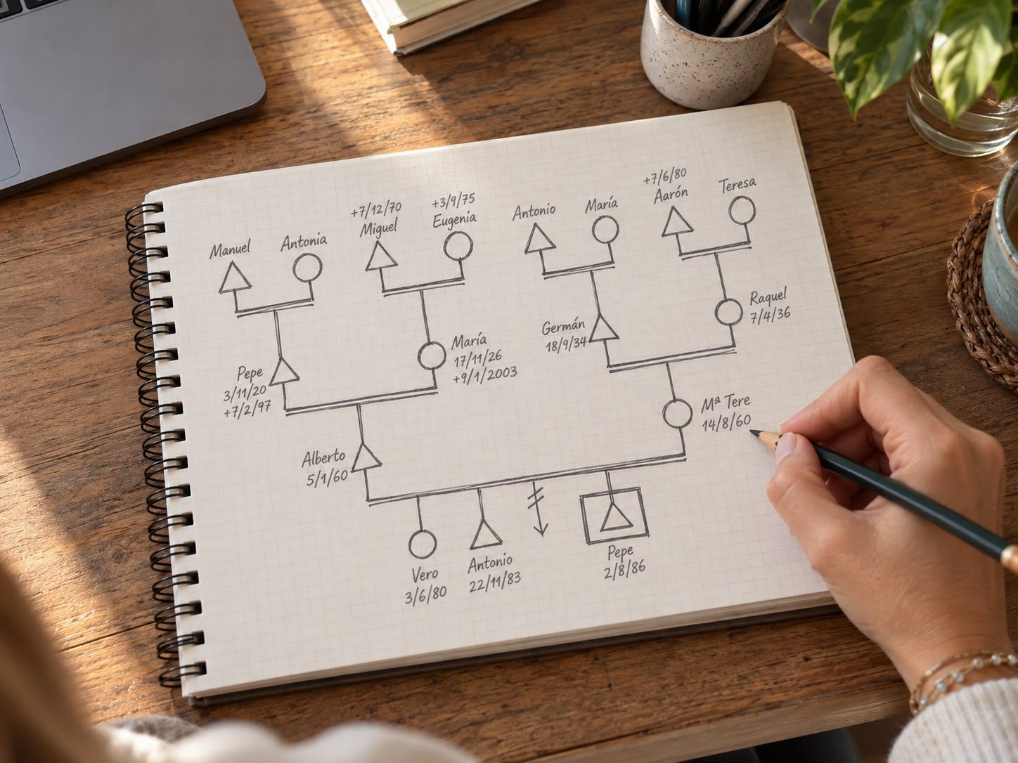 Una mano dibuja un árbol genealógico en un cuaderno, con triángulos para los hombres y círculos para las mujeres