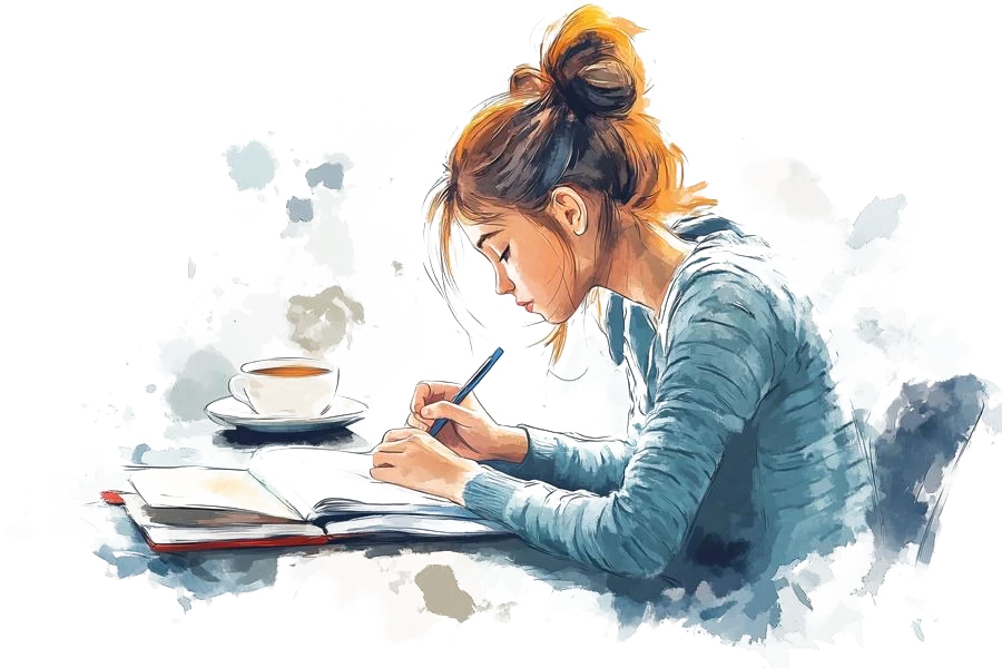 Ilustración en acuarela de una mujer escribiendo en su cuaderno, con una taza de té