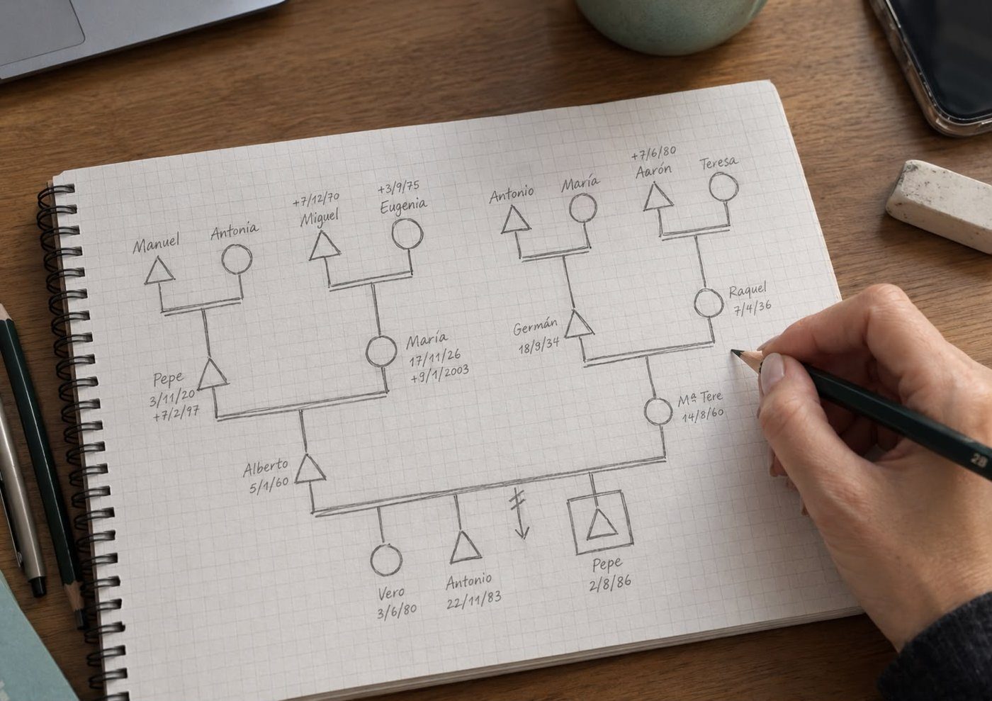 Una mano dibujando un árbol genealógico en un cuaderno